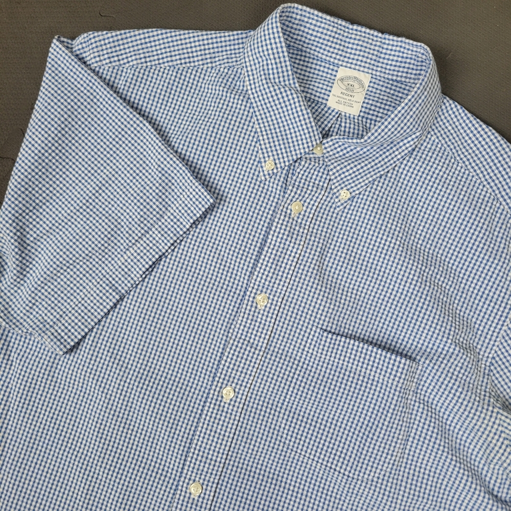 Brooks Brothers Regent Fit Short Sleeve Button Down Shirt Mens XXL Blue Gingham